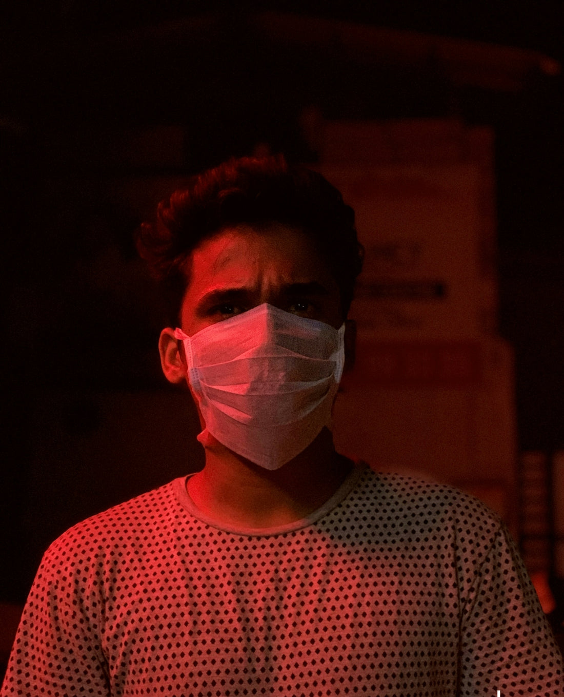 man in white crew neck shirt with white face mask